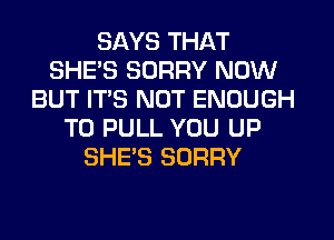 SAYS THAT
SHE'S SORRY NOW
BUT ITS NOT ENOUGH
TO PULL YOU UP
SHE'S SORRY