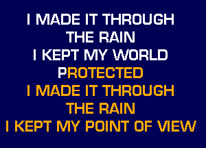 I MADE IT THROUGH
THE RAIN
I KEPT MY WORLD
PROTECTED
I MADE IT THROUGH
THE RAIN
I KEPT MY POINT OF VIEW