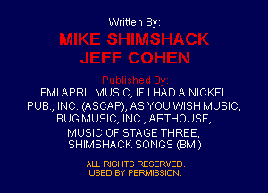 Written Byz

EMI APRIL MUSIC, IF I HAD A NICKEL
PUB, INC (ASCAP), AS YOU WISH MUSIC,
BUG MUSIC, INC, ARTHOUSE,

MUSIC OF STAGE THREE,
SHIMSHACK SONGS (BMI)

ALL RIGHTS RESERVED
USED BY PERMISSION