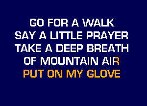 GO FOR A WALK
SAY A LITTLE PRAYER
TAKE A DEEP BREATH

0F MOUNTAIN AIR
PUT ON MY GLOVE