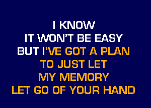 I KNOW
IT WON'T BE EASY
BUT I'VE GOT A PLAN
TO JUST LET
MY MEMORY
LET GO OF YOUR HAND