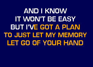 AND I KNOW
IT WON'T BE EASY

BUT PVE GOT A PLAN
TO JUST LET MY MEMORY

LET GO OF YOUR HAND