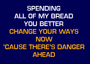 SPENDING
ALL OF MY BREAD
YOU BETTER
CHANGE YOUR WAYS
NOW
'CAUSE THERE'S DANGER
AHEAD