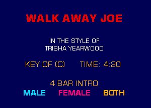 IN THE STYLE OF
TRISHA YEAHWOOD

KEY OF ECJ TIMEI 420

4 BAR INTRO
MALE BUTH