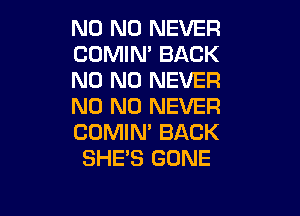 N0 N0 NEVER
COMIN' BACK
N0 N0 NEVER
N0 N0 NEVER

COMIN' BACK
SHE'S GONE