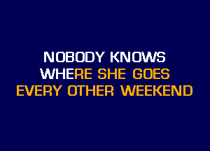 NOBODY KNOWS
WHERE SHE GOES
EVERY OTHER WEEKEND