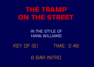 IN THE STYLE 0F
HANK WILLIAMS

KEY OF (E) TIMEi 348

8 BAR INTRO