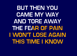 BUT THEN YOU
CAME MY WAY
AND TORE AWAY
THE FEAR OF PAIN
I WON'T LOSE AGAIN
THIS TIME I KNOW