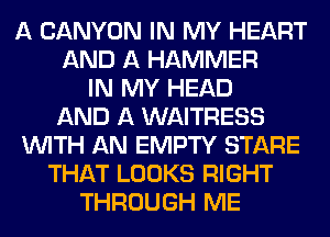 A CANYON IN MY HEART
AND A HAMMER
IN MY HEAD
AND A WAITRESS
WITH AN EMPTY STARE
THAT LOOKS RIGHT
THROUGH ME