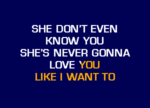 SHE DON'T EVEN
KNOW YOU
SHE'S NEVER GONNA
LOVE YOU
LIKE I WANT TO