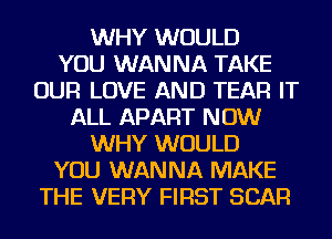 WHY WOULD
YOU WANNA TAKE
OUR LOVE AND TEAR IT
ALL APART NOW
WHY WOULD
YOU WANNA MAKE
THE VERY FIRST SCAR