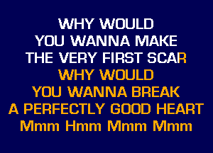 WHY WOULD
YOU WANNA MAKE
THE VERY FIRST SCAR
WHY WOULD
YOU WANNA BREAK
A PERFECTLY GOOD HEART
Mmm Hmm Mmm Mmm