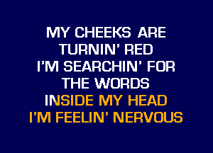 MY CHEEKS ARE
TURNIM RED
I'M SEARCHIN' FOR
THE WORDS
INSIDE MY HEAD
I'M FEELIN NERVOUS