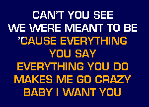 CAN'T YOU SEE
WE WERE MEANT TO BE
'CAUSE EVERYTHING
YOU SAY
EVERYTHING YOU DO
MAKES ME GO CRAZY
BABY I WANT YOU