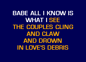 BABE ALL I KNOW IS
WHAT I SEE
THE COUPLES CLING
AND CLAW
AND BROWN
IN LOVE'S DEBRIS