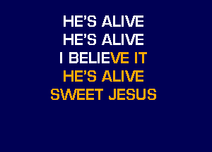 HE'S ALIVE
HE'S ALIVE
I BELIEVE IT
HE'S ALIVE

SWEET JESUS