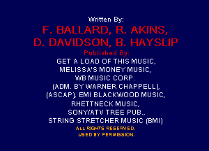 Wlmen Byt

GET A LOAD OF THIS MUSIC.
MELISSA'S MONEYMUSIC,
WB MUSIC CORP
(ADM. BY WARNER CHAPPELLL
(ASCAPL EMI BLACKWOOD MUSIC,
RHETTNECK MUSIC,
SONYIAT'U' TREE PUB,

STRING STRETCHER MUSIC (BMll

Au. QM RESIWIO
LEED 'ERVGEDV