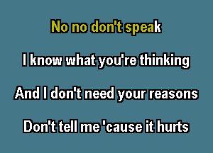 No no don't speak
I know what you're thinking
And I don't need your reasons

Don't tell me 'cause it hurts