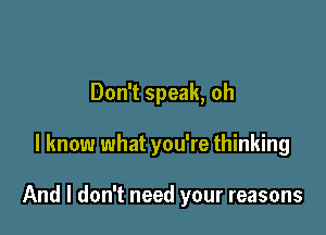 Don't speak, oh

I know what you're thinking

And I don't need your reasons