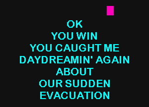 OK
YOU WIN
YOU CAUGHT ME

DAYDREAMIN' AGAIN
ABOUT
OUR SUDDEN
EVACUATION