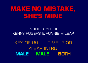 IN THE STYLE OF

KENNY ROGERS 8 RONNIE MILSAP

KEY OF (A)

MALE

4 BAR INTRO
MALE

TlMEi 350

BOTH