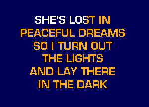 SHE'S LOST IN
PEACEFUL DREAMS
SO I TURN OUT
THE LIGHTS
AND LAY THERE
IN THE DARK