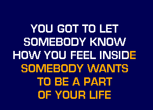 YOU GOT TO LET
SOMEBODY KNOW
HOW YOU FEEL INSIDE
SOMEBODY WANTS
TO BE A PART
OF YOUR LIFE