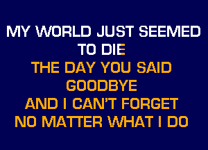 MY WORLD JUST SEEMED
TO DIE
THE DAY YOU SAID
GOODBYE
AND I CAN'T FORGET
NO MATTER WHAT I DO