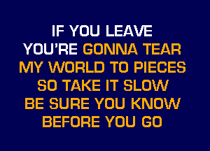 IF YOU LEAVE
YOU'RE GONNA TEAR
MY WORLD T0 PIECES

SO TAKE IT SLOW
BE SURE YOU KNOW
BEFORE YOU GO