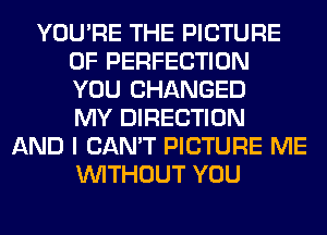 YOU'RE THE PICTURE
OF PERFECTION
YOU CHANGED
MY DIRECTION
AND I CAN'T PICTURE ME
WITHOUT YOU