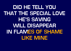 DID HE TELL YOU
THAT THE SPECIAL LOVE
HE'S SAVING
WILL DISAPPEAR
IN FLAMES 0F SHAME
LIKE MINE