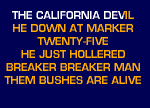 THE CALIFORNIA DEVIL
HE DOWN AT MARKER
TWENTY-FIVE
HE JUST HOLLERED
BREAKER BREAKER MAN
THEM BUSHES ARE ALIVE