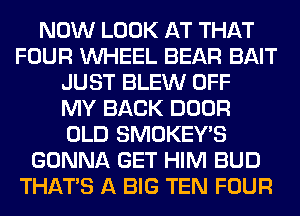 NOW LOOK AT THAT
FOUR WHEEL BEAR BAIT
JUST BLEW OFF
MY BACK DOOR
OLD SMOKEY'S
GONNA GET HIM BUD
THAT'S A BIG TEN FOUR