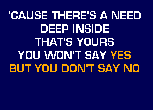 'CAUSE THERE'S A NEED
DEEP INSIDE
THAT'S YOURS
YOU WON'T SAY YES
BUT YOU DON'T SAY NO