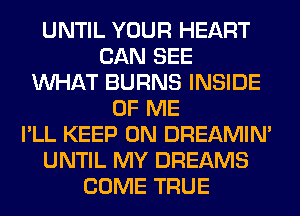 UNTIL YOUR HEART
CAN SEE
WHAT BURNS INSIDE
OF ME
I'LL KEEP ON DREAMIN'
UNTIL MY DREAMS
COME TRUE