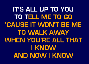 ITS ALL UP TO YOU
TO TELL ME TO GO
'CAUSE IT WON'T BE ME
TO WALK AWAY
WHEN YOU'RE ALL THAT
I KNOW
AND NOWI KNOW