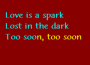 Love is a spark
Lost in the dark

Too soon, too soon