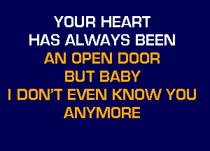 YOUR HEART
HAS ALWAYS BEEN
AN OPEN DOOR
BUT BABY
I DON'T EVEN KNOW YOU
ANYMORE