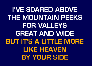 I'VE SOARED ABOVE
THE MOUNTAIN PEEKS
FOR VALLEYS
GREAT AND WIDE
BUT ITS A LITTLE MORE
LIKE HEAVEN
BY YOUR SIDE