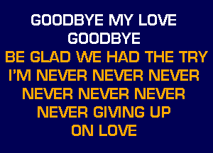 GOODBYE MY LOVE
GOODBYE
BE GLAD WE HAD THE TRY
I'M NEVER NEVER NEVER
NEVER NEVER NEVER
NEVER GIVING UP
ON LOVE