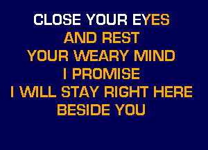 CLOSE YOUR EYES
AND REST
YOUR WEARY MIND
I PROMISE
I WILL STAY RIGHT HERE
BESIDE YOU