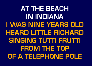 AT THE BEACH
IN INDIANA
I WAS NINE YEARS OLD
HEARD LITI'LE RICHARD
SINGING TUTI'I FRUTI'I
FROM THE TOP
OF A TELEPHONE POLE