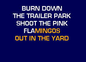 BURN DOWN
THE TRAILER PARK
SHOOT THE PINK
FLAMINGOS
OUT IN THE YARD