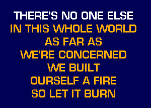 THERE'S NO ONE ELSE
IN THIS WHOLE WORLD
AS FAR AS
WERE CONCERNED
WE BUILT
OURSELF A FIRE
SO LET IT BURN