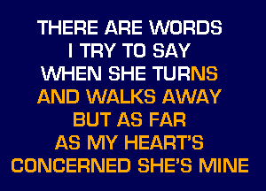 THERE ARE WORDS
I TRY TO SAY
WHEN SHE TURNS
AND WALKS AWAY
BUT AS FAR
AS MY HEARTS
CONCERNED SHE'S MINE