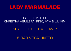 IN THE STYLE 0F
CHRISTINA AGUILERA. PINK. WA 8 LIL' KIM

KEY OF (G) TIME 4322

8 BAR VOCAL INTRO
