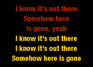 I know it's out there
Somehow here
is gone, yeah
I know it's out there
I know it's out there

Somehow here is gone I