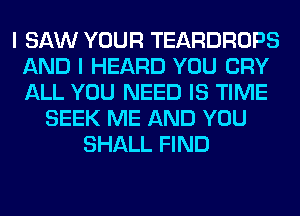 I SAW YOUR TEARDROPS
AND I HEARD YOU CRY
ALL YOU NEED IS TIME

SEEK ME AND YOU
SHALL FIND