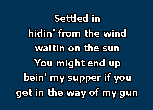 Settled in
hidin' from the wind
waitin on the sun
You might end up

bein' my supper if you

get in the way of my gun