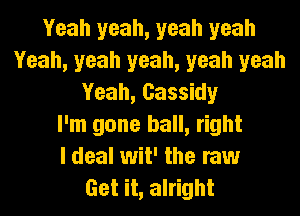 Yeah yeah, yeah yeah
Yeah, yeah yeah, yeah yeah
Yeah, Cassidy
I'm gone ball, right
I deal wit' the raw
Get it, alright